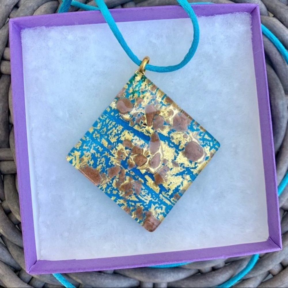 Murano Glass Necklace Blue & Gold Made in Italy
